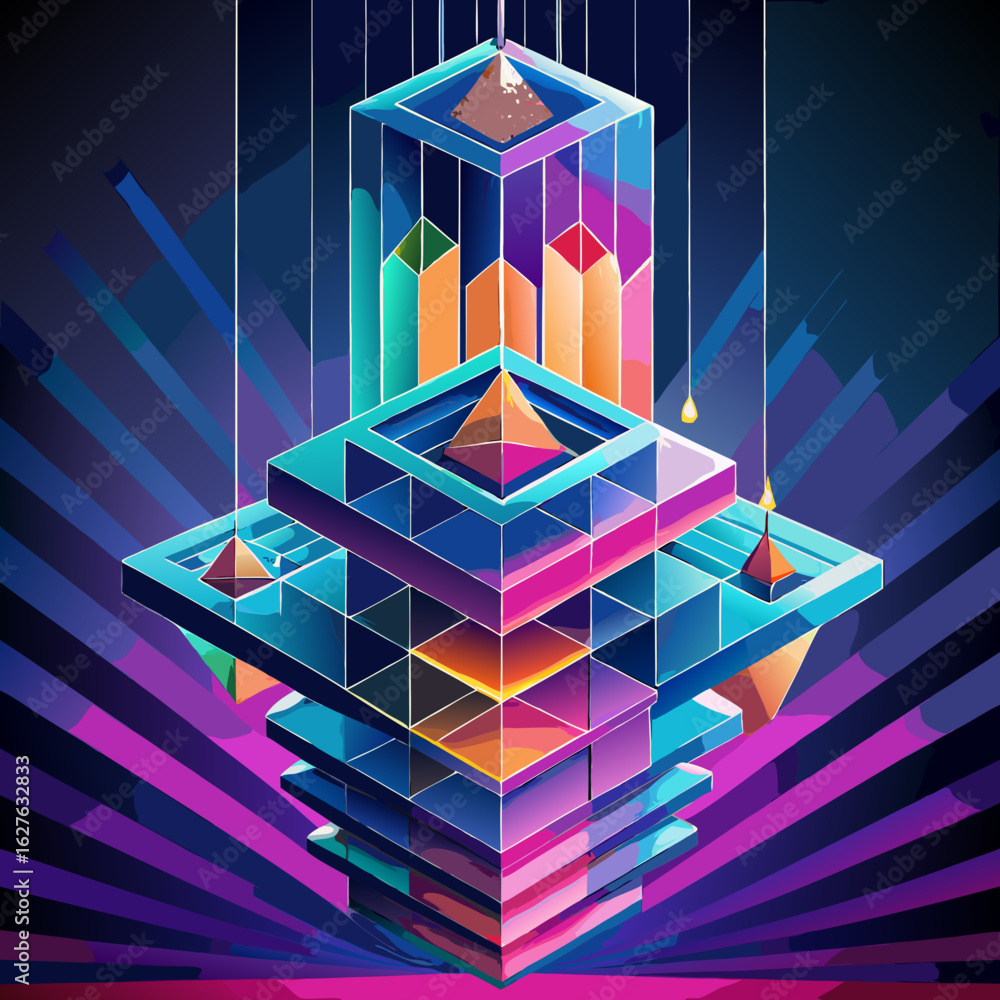 Poster abstract geometric structure with glowing pyramids and hanging elements in vibrant neon colors