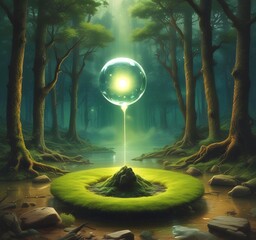 A floating drop of fuel above a small patch of earth or moss, glowing from within. Surrounded by clean air and light.