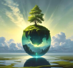 A floating drop of fuel above a small patch of earth or moss, glowing from within. Surrounded by clean air and light.