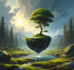 A floating drop of fuel above a small patch of earth or moss, glowing from within. Surrounded by clean air and light.