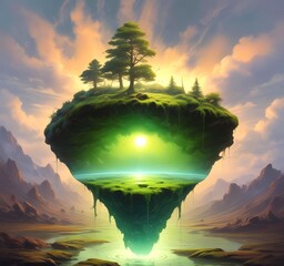 A floating drop of fuel above a small patch of earth or moss, glowing from within. Surrounded by clean air and light.