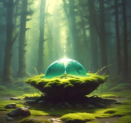 A floating drop of fuel above a small patch of earth or moss, glowing from within. Surrounded by clean air and light.