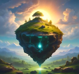 A floating drop of fuel above a small patch of earth or moss, glowing from within. Surrounded by clean air and light.