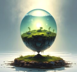 A floating drop of fuel above a small patch of earth or moss, glowing from within. Surrounded by clean air and light.