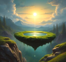 A floating drop of fuel above a small patch of earth or moss, glowing from within. Surrounded by clean air and light.
