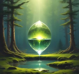 A floating drop of fuel above a small patch of earth or moss, glowing from within. Surrounded by clean air and light.