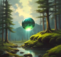 A floating drop of fuel above a small patch of earth or moss, glowing from within. Surrounded by clean air and light.