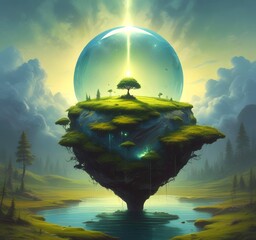 A floating drop of fuel above a small patch of earth or moss, glowing from within. Surrounded by clean air and light.