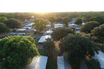 High-angle view of a small town, featuring mobile homes and trees.  Sunlight streams through the canopy
