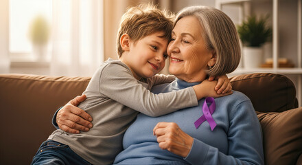 Joyful Embrace: Grandmother and Grandson Celebrating Alzheimer's Awareness with Purple Ribbon. World Alzheimer's Month.