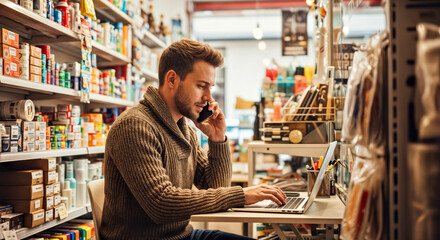 Man Working Remotely in Cozy Store Environment Using Laptop and Phone