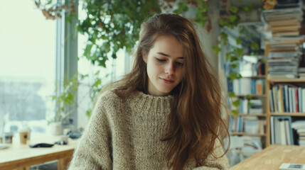 Young woman with long hair wearing knitted sweater in cozy room