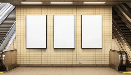 Mock-up visuals of escalators and blank poster placements in subway.