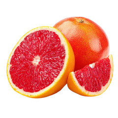 Two juicy grapefruit, one whole, one sliced, vibrant red flesh