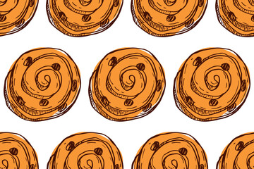 Seamless pattern of Round puff pastry with raisins sketch, Swirled pastry raisins. Puff pastry sweet bakery vector. Repeated freehand drawing background for wallpaper, wrapping, packing, scrapbooking