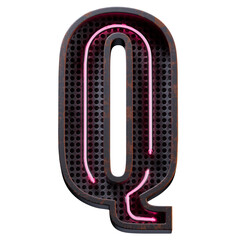 3D illustration of Pink Neon light alphabet character Capital letter Q. Neon tube Capital letter Pink glow effect in Black rusty metal box.Supports PNG files with transparent backgrounds.