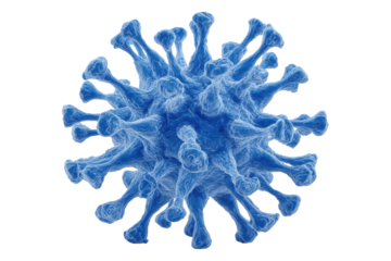 A stylized, 3D rendering of a virus