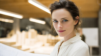 The female architect looks professional and confident, demonstrating a creative and technical approach to her work. Professionalism, creativity and technical competence in the field of architecture.