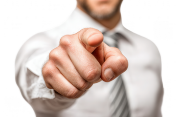 Close-up of a hand pointing directly at viewer