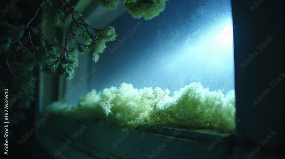 Poster moss growing on window frame with soft light creating calm mood