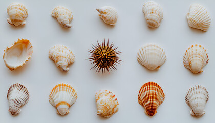 A flat lay of assorted seashells and a sea urchin test neatly arranged in rows on a white background.