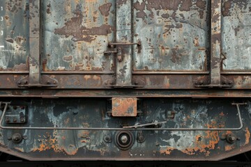 Photo of Side view of rust metal wall of railway wagon side part. Background texture for backdrops or mapping