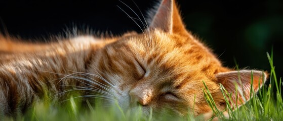 The peaceful orange cat resting on green grass under warm sunlight