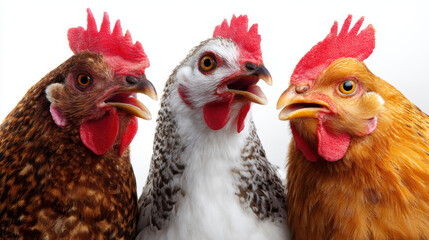 Fototapeta premium Funny closeup of three colorful chickens with open beaks