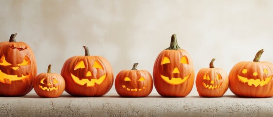 The collection of creatively carved pumpkins glowing for Halloween celebration.