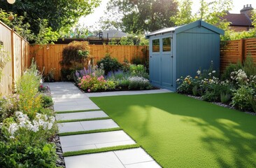 Obraz premium Scenic overview of a back garden showcasing an artificial grass lawn.