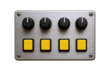 Modern electronic device with brushed metal finish, featuring four black rotary knobs and four bright yellow push buttons.