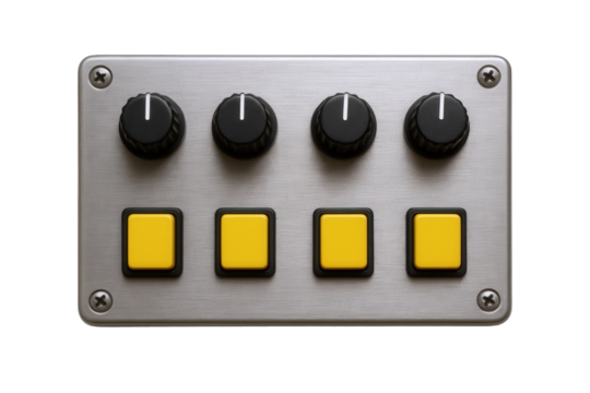 Modern electronic device with brushed metal finish, featuring four black rotary knobs and four bright yellow push buttons.