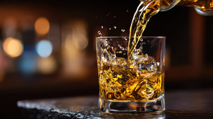 Whiskey pouring into glass with ice cubes and splash effect