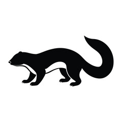 Black silhouette of a stoat or weasel with a long tail animal black and white