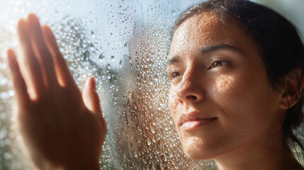 Young woman looking through wet window with raindrops and hope