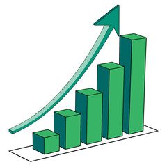Green bar graph with upward trending arrow isolated on white background
