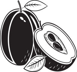 Stylized black and white drawing of a whole and halved plum with leaves