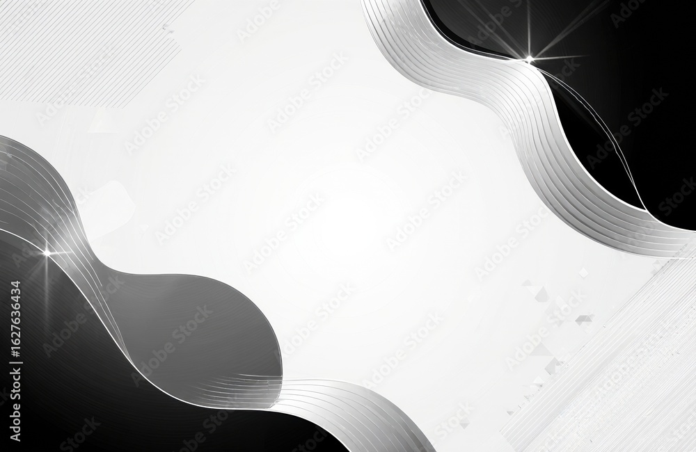 Poster abstract black and white flowing lines with glossy textures and copyspace for design or text placeme