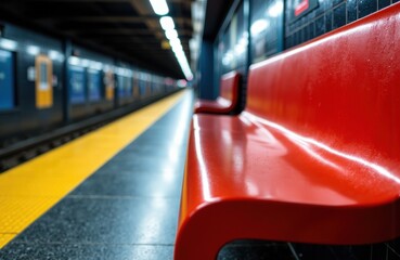 Obraz premium A red bench on a subway platform with blurred train and station background