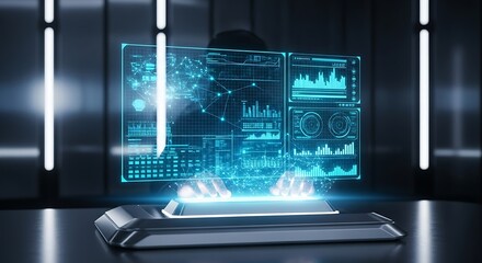 Futuristic data analysis interface with illuminated graphics and hands interacting with