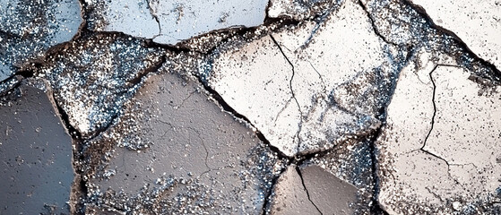Cracked dry grey clay texture with shimmering decorative particles. An abstract surface for design, backgrounds, and environmental visual concepts.