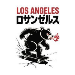 Black bear skateboarding with Japanese and English “Los Angeles” text, vector illustration design.
