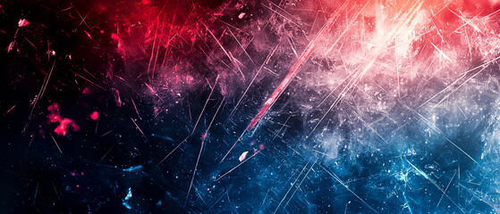  Scratched icy surface with red and blue gradient. Abstract frosty background with dramatic texture and depth.