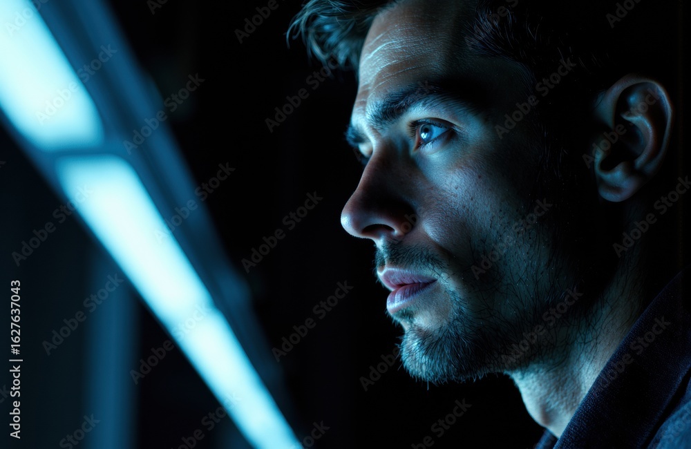 Poster man working on computer at night with screen light illuminating his face