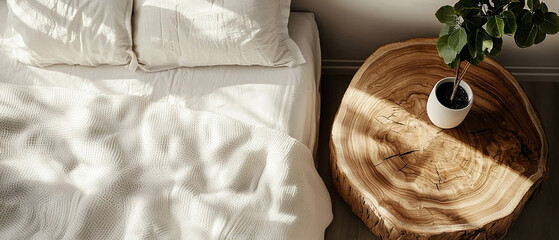 Scandinavian bedroom with linen bedding and wooden table. Top view interior scene with soft morning light.