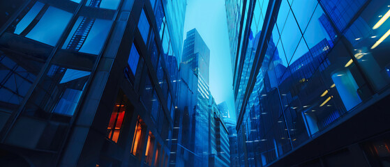 Night view of modern city with illuminated glass skyscrapers in deep blue tones, seen from below. Futuristic urban environment.