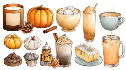 Cozy autumn harvest drinks and treats still life