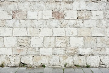 Fototapeta premium Weathered stone wall with sidewalk at base. AI generated