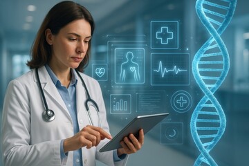 Doctor Examining Medical Data: A dedicated doctor, engrossed in a detailed analysis of medical data on a tablet, alongside a luminous DNA strand. Showcasing the intersection of medicine, science.
