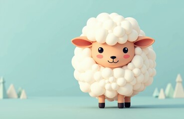 Cute cartoon sheep with fluffy wool standing on a pastel background